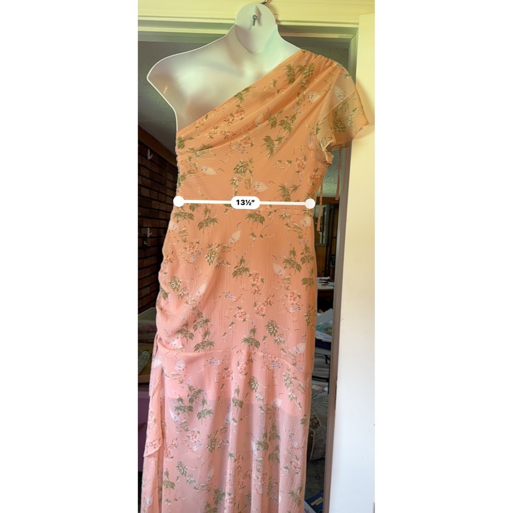 Banana Republic L One Shoulder Peach Floral Ruched Midi Slip Wedding Guest Dress - Picture 12 of 14